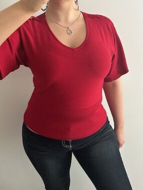 red y2k style grommet sleeve sweater